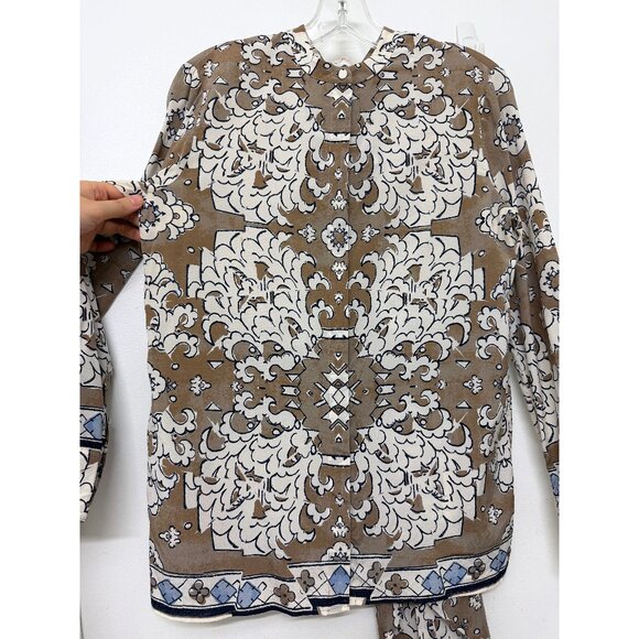 Tory Burch Wheat Nocturne Print Silk Blouse Top Floral Taupe White Bow Tie 4 - Picture 7 of 16